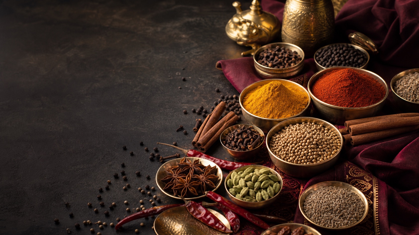 Premium Indian spices arranged on a dark luxury surface